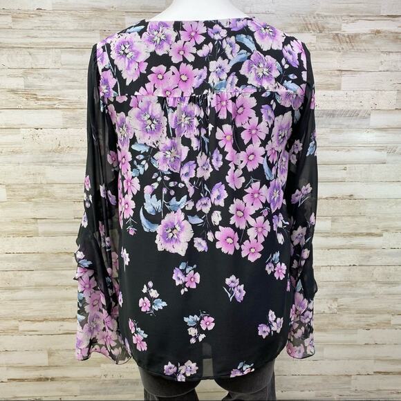Nanette Lepore Zen Silk Floral Blouse Womens Size S Purple Black Bell Sleeve - Picture 11 of 16